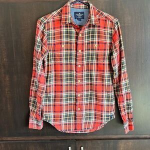 American Eagle Orange Plaid Button Down Shirt Mens XS
